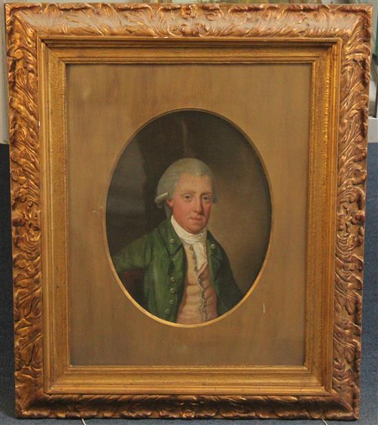 English School c.1780 Portrait of a gentleman wearing a green coat, oval, 12.5 x 9.5in.